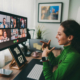 Frau sitzt vor Monitor zu Hause in einem Online-Meeting