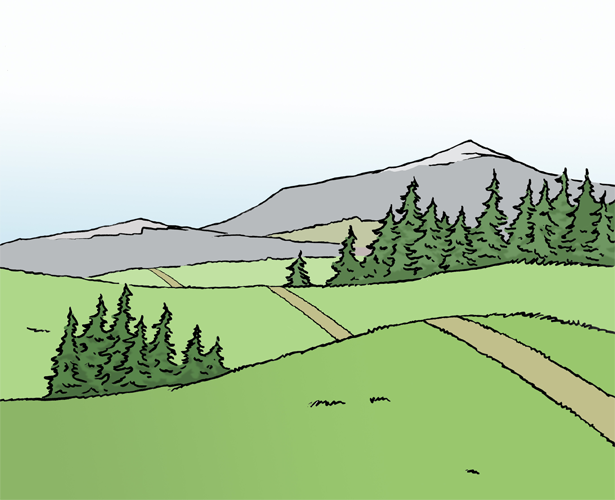 gezeichnete Landschaft mit Bergen im Hintergrund
